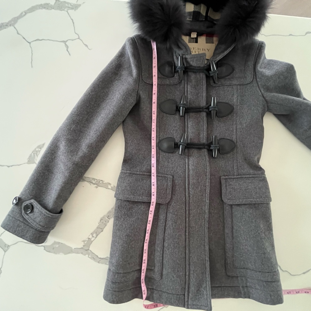 Burberry Brit Grey Wool Duffle Toggle Coat with Black Fox Fur Trimmed Hood Sz 4 - Picture 15 of 16